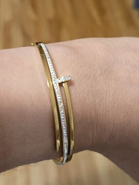 Stainless Steel Gold T-Bar Crystal Accent Bangle Bracelet